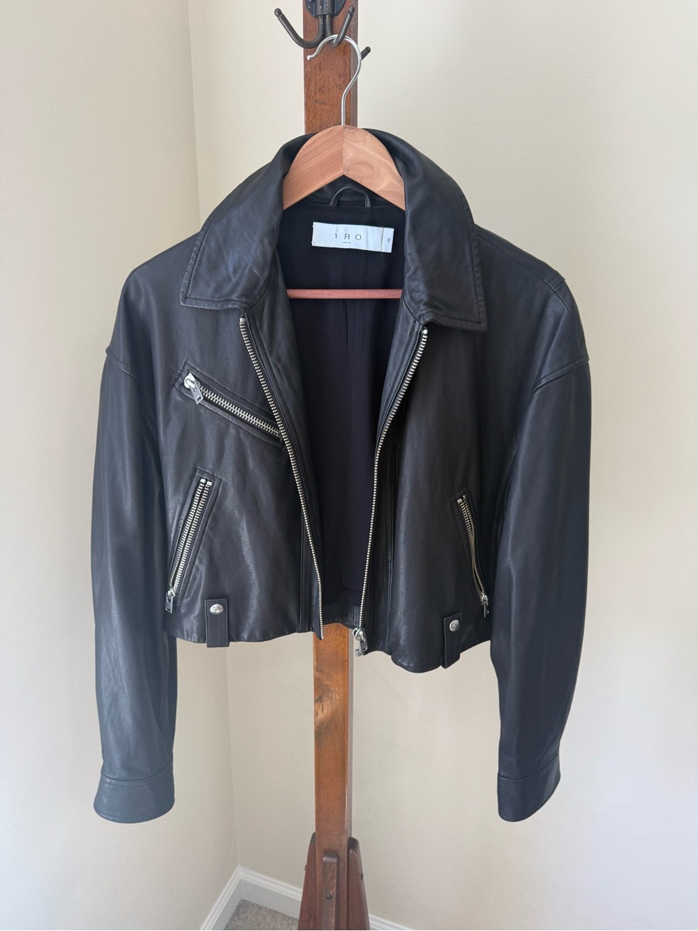 IRO Black Cropped Leather Moto Jacket with Silver Zippers